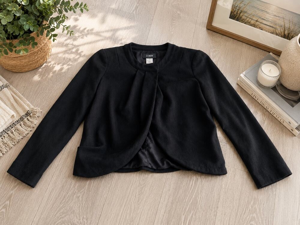 J.Crew Women’s Size 2 Black 100% Wool Collarless Open Front Blazer Jacket